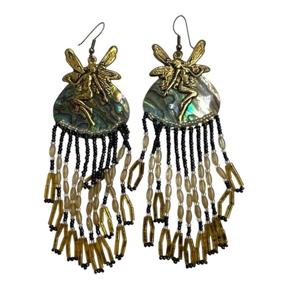 Fairy Abalone & Beaded Dangle Earrings Chandelier Gold Accents 5" Hook Fantasy - Picture 8 of 10